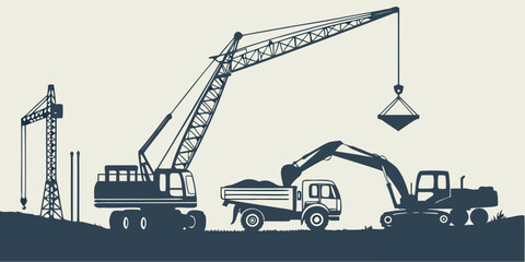 Detailed silhouette illustration of excavator loading earth into dump truck with large industrial cranes in background excavator construction machinery industry industrial equipment silhouette © Lap