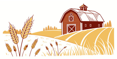 Hand-drawn style illustration of a rustic wooden barn overlooking a harvested wheat field with large grain ears agriculture countryside illustration landscape building engraving production © Lap