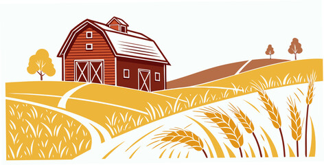 Graphic landscape illustration of a large farm barn situated on a rolling hill with a winding dirt road and wheat fields agriculture countryside landscape illustration building farmstead © Lap