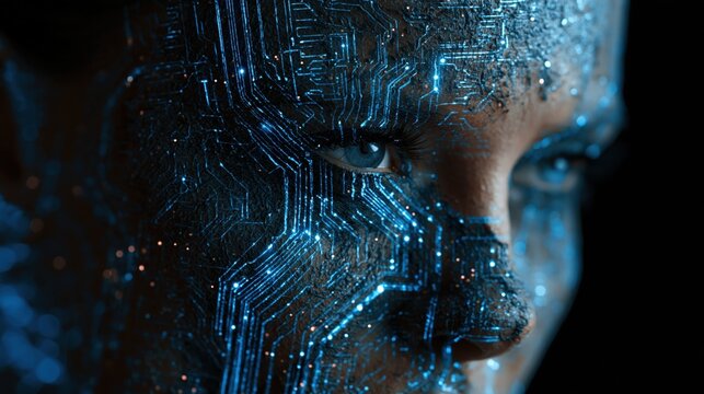 Double exposure of a human face and glowing digital circuit lines, concept of human-AI integration, deep blue and black color palette