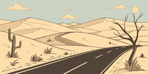 Minimalist vector illustration of a winding desert road through sand dunes with saguaro cactus and dead tree under a pale sun landscape illustration adventure outdoors background wilderness © Lap