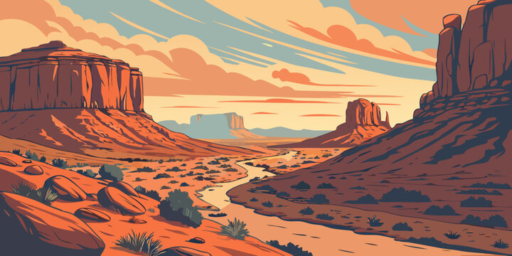 Vector illustration of a desert valley landscape featuring towering red rock formations and a winding road under a cloudy sunset sky landscape formation illustration wilderness southwestern