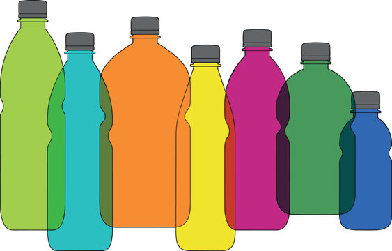 Colorful plastic juice and water bottles set with overlapping transparent colors isolated on white background flat layout beverage packaging vector