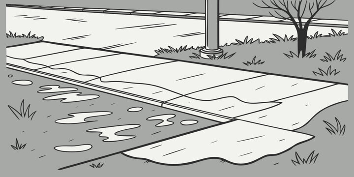 Urban sidewalk illustration with visible puddles and a street lamp pole indicating recent rain or melting snow on a gray day line art public space bare branches water damage sidewalk pavement