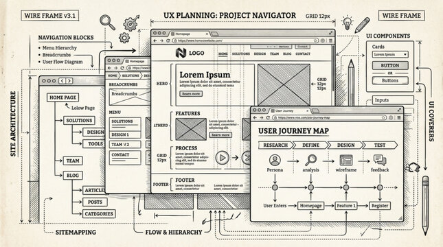 Hand Drawn Website User Interface Design Wireframe Blueprint.