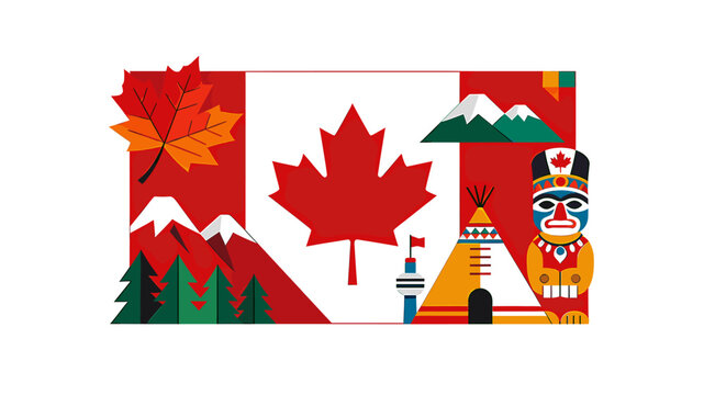 Stylized illustration of the Canadian flag with iconic national symbols like maple leaf, mountains, totem pole, teepee, and CN Tower, representing Canadian culture and landscape.