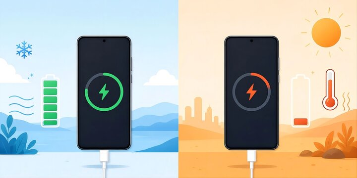 寒冷時と猛暑時のスマホ充電比較イラスト｜スマートフォン　バッテリー　温度　熱暴走　寒さ
