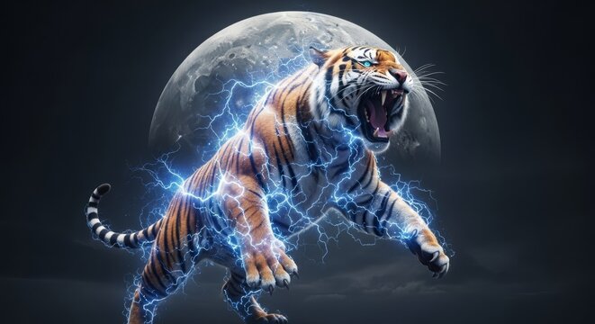 Majestic Tiger Roaring with Electric Lightning and Full Moon Background