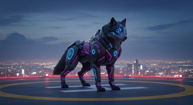 Cybernetic Wolf Standing on Rooftop Overlooking Futuristic Cityscape