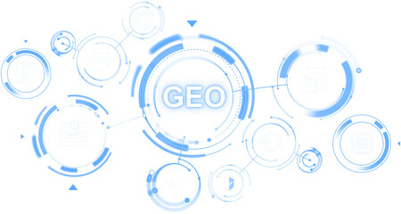 Futuristic GEO interface with blue circular tech elements and abstract icons in soft illustration style on white background, concept of modern digital data © ImageFlow