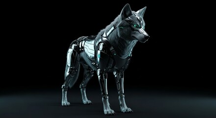 Fototapeta premium A menacing cybernetic wolf with glowing green eyes standing alert on a dark, minimalist background