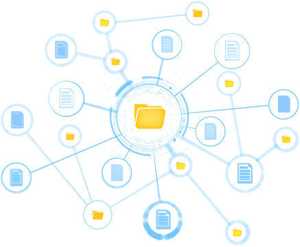 Connected folder and document icons in soft illustration style on white background showing concept of digital data sharing