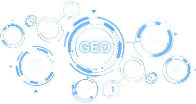 Futuristic GEO interface with blue circular tech elements and abstract icons in soft illustration style on white background, concept of modern digital data