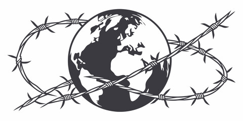 Globe surrounded by barbed wire symbolizing confinement and restricted freedom confinement restriction security conflict isolated quarantine surround protection territory geography © Hemal