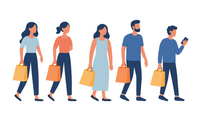 Obraz premium Flat vector illustration of men and women walking while carrying shopping bags. Perfect for retail, fashion, lifestyle, consumerism, sale, and shopping concepts.