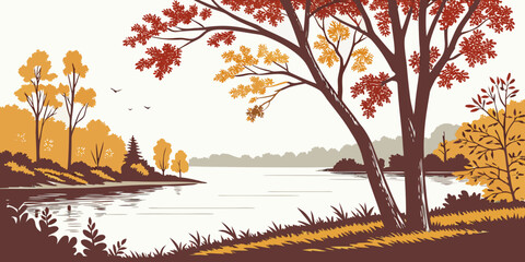 Autumn landscape with a large tree lake colorful foliage tree trunk landscape colorful illustration outdoors background environment vacation recreation peaceful tranquil reflection © Hemal