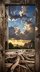 Obraz premium A rustic wooden frame surrounds a serene natural landscape