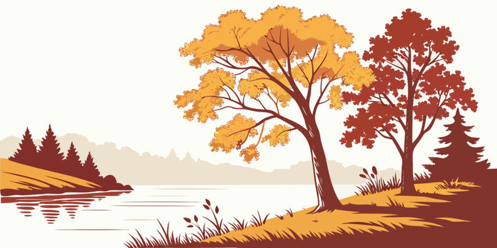 Autumn trees by the water in stylized landscape with landscape reflection illustration stylized outdoors countryside peaceful tranquil background backdrop seasonal changing environment