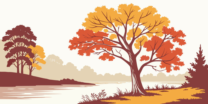 Stylized autumn trees with colorful foliage by lake landscape reflection illustration stylized outdoors countryside peaceful tranquil background backdrop seasonal changing environment