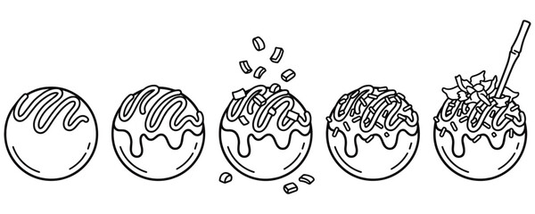 Takoyaki cooking process steps set with octopus ball and sauce glaze. © MDTAZBIRHOSSAIN
