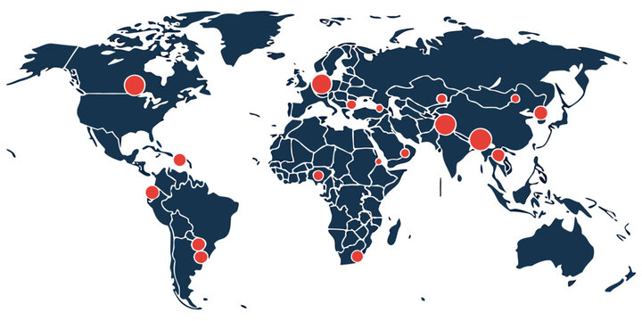 Global distribution map with red markers across continents illustrating worldwide presence world map continent distribution location presence infographic business connection international