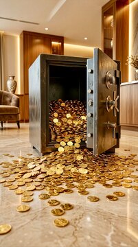 Open safe with coins spilling onto floor in modern room with wooden furniture and bright lighting vertical wallpaper