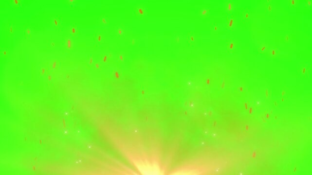 Fire sparks explosion on green screen chroma key background, burning ember particles rising up, VFX overlay loop.