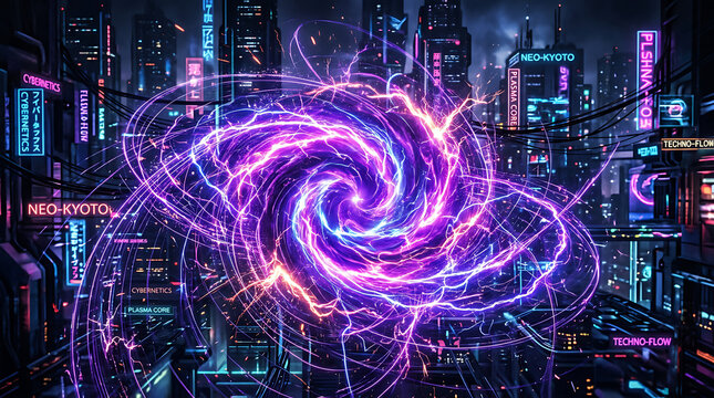 Cosmic Nexus in Neo-Kyoto: A swirling vortex of neon energy crackles and sparks above a futuristic cityscape, blending technology and cosmic phenomena in a dazzling display.