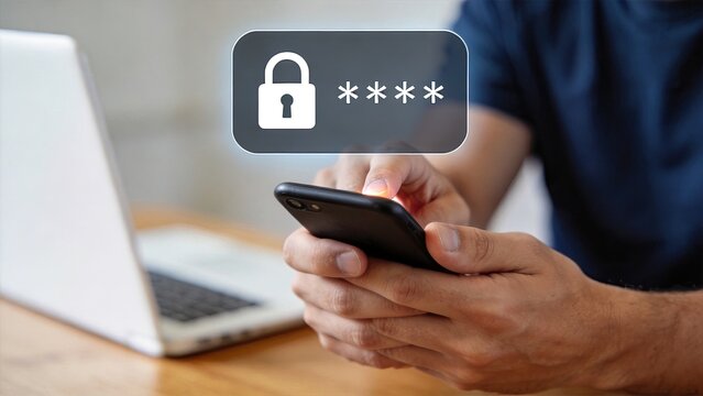User entering password on mobile phone for secure login and authentication with lock icon representing cybersecurity and data protection privacy.