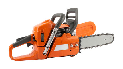 Naklejka premium Orange chainsaw isolated on transparent background, power tool for cutting wood.