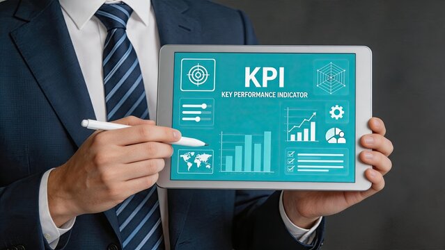Business executive holding tablet displaying key performance indicator KPI dashboard with bar graphs, target goals, world map and data analysis charts for strategic corporate