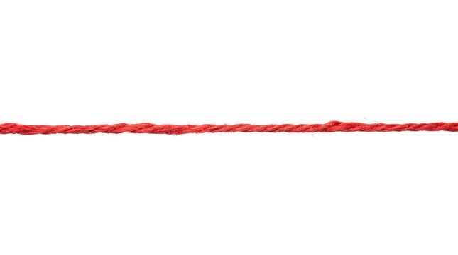 Single straight red cotton rope line stretched horizontally isolated on transparent background for web design.