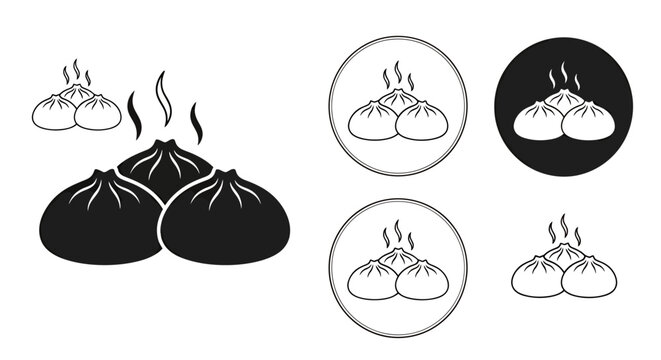 Illustration of steamed buns and dumplings in a simple monochrome style for food composition.