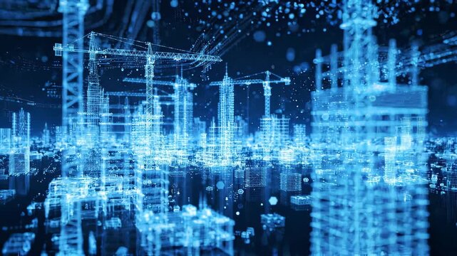 Digital blue hologram of city skyline with construction cranes and buildings in urban development, concept for smart city planning, architectural engineering and urban infrastructure
