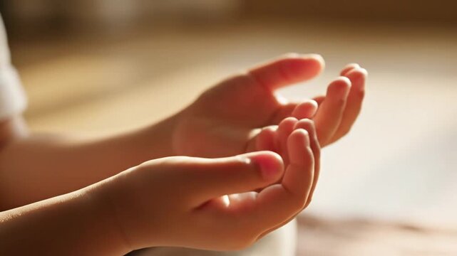 Baby's tiny hands clasped together in soft warm light