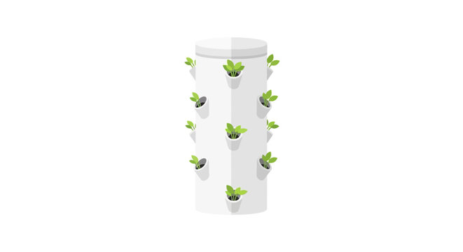 Vertical hydroponic garden tower with green plants inside.