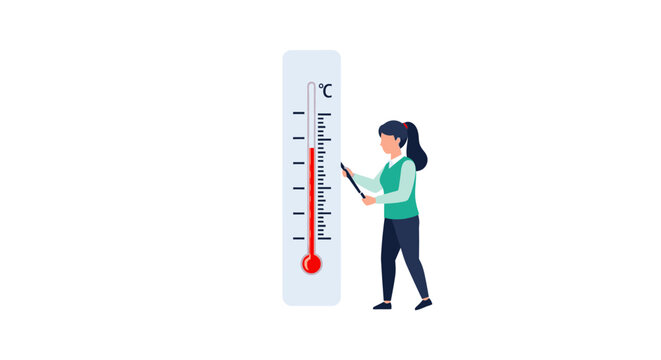 Woman checking temperature on large colorful thermometer illustration.
