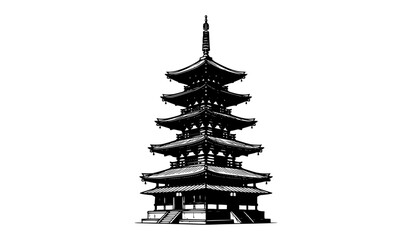 Traditional Japanese five story pagoda temple building sketch black and white illustration