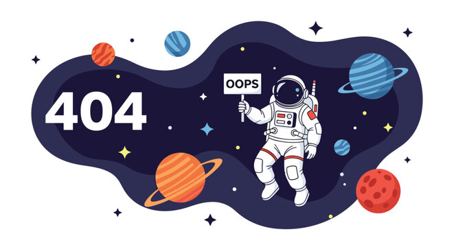 Creative 404 error page design shows a lone astronaut floating in deep space holding a sign among distant planets and stars.