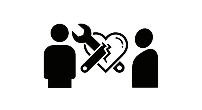 Broken Heart with Wrench and People.