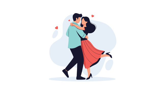 Romantic illustration depicts a young couple dancing closely together with red hearts floating around them to signify love.