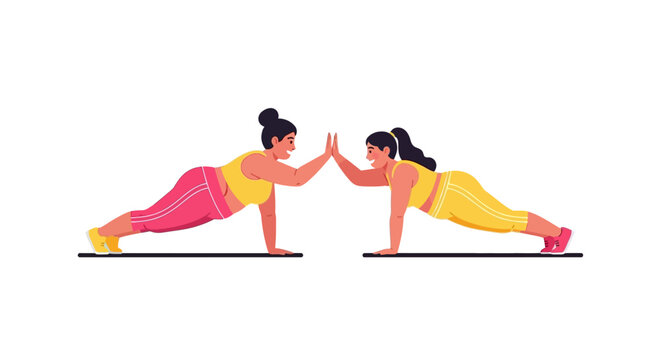 Two Women Performing High Five During Plank Exercise Routine.