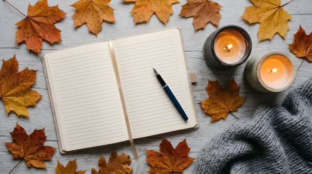 Open notebook with pen and autumn leaves on wooden table with cozy knitwear and magnifying glass
