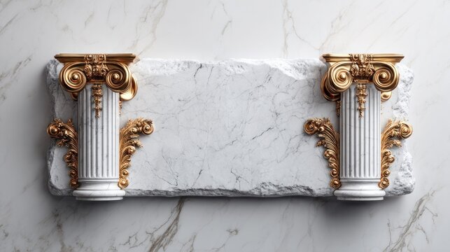 Ornate classical columns flank a rectangular slab of rough white stone set against a subtle marble backdrop