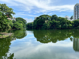 Fototapeta premium Perfect Sky and Tree Reflection on Calm Dhanmondi Lake Waters in Dhaka, Bangladesh
