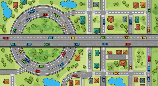 Aerial view of a busy city intersection with cars and roads.