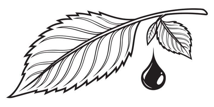 Black and white line art leaf with liquid drop illustration botanical monochrome illustration silhouette isolated contrast stylized environment abstract decoration creative blackwork