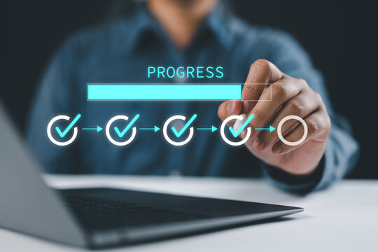 Progress checklist workflow and task completion tracking concept with person selecting checkmark steps, representing project milestones, approval processes, productivity, business goal achievement.