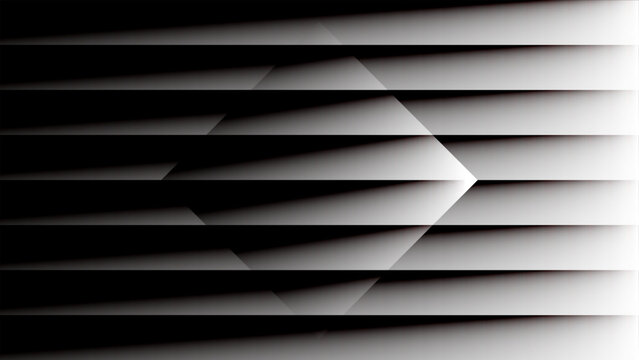 An abstract black geometric square background featuring a metallic silver texture with dark horizontal steel stripes and lines reflecting light like window blinds