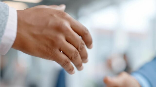 Two hands shake firmly, showing mutual trust. One hand wears a grey sleeve, the other a blue cuff. Skin tones differ, yet gestures feel equal and calm. The background blurs, focusing on connection